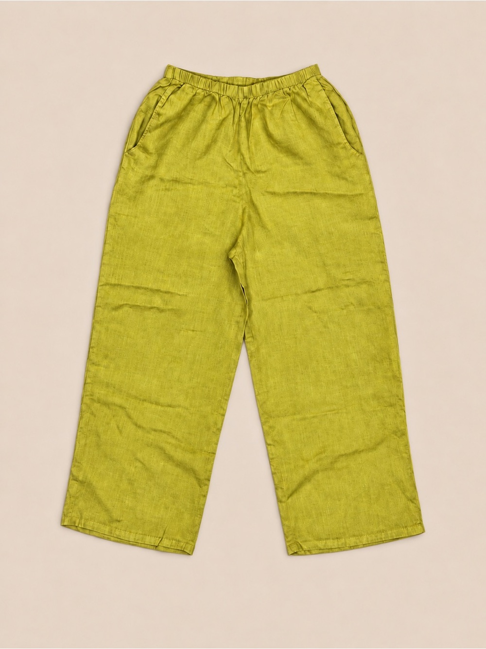 Flax 100% Linen Olive-Chartreuse Green Wide-Leg Elastic-Waist Pants